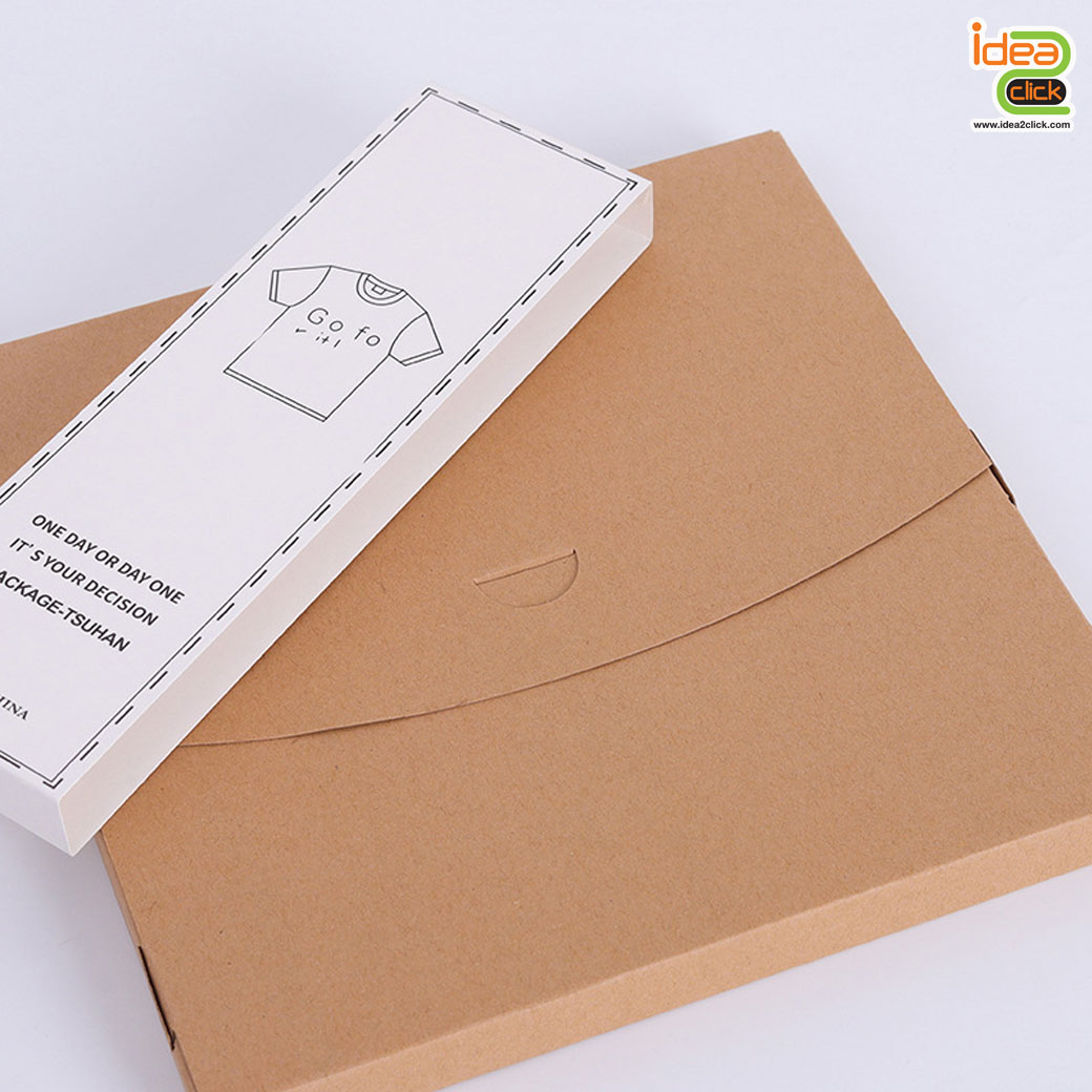 กล่องใส่เสื้อยืด T-Shirt กล่องกระดาษคราฟท์คุณภาพดี มาพร้อมสายคาดสีขาว สามารถติดสติ๊กเกอร์โลโก้เองได้ 