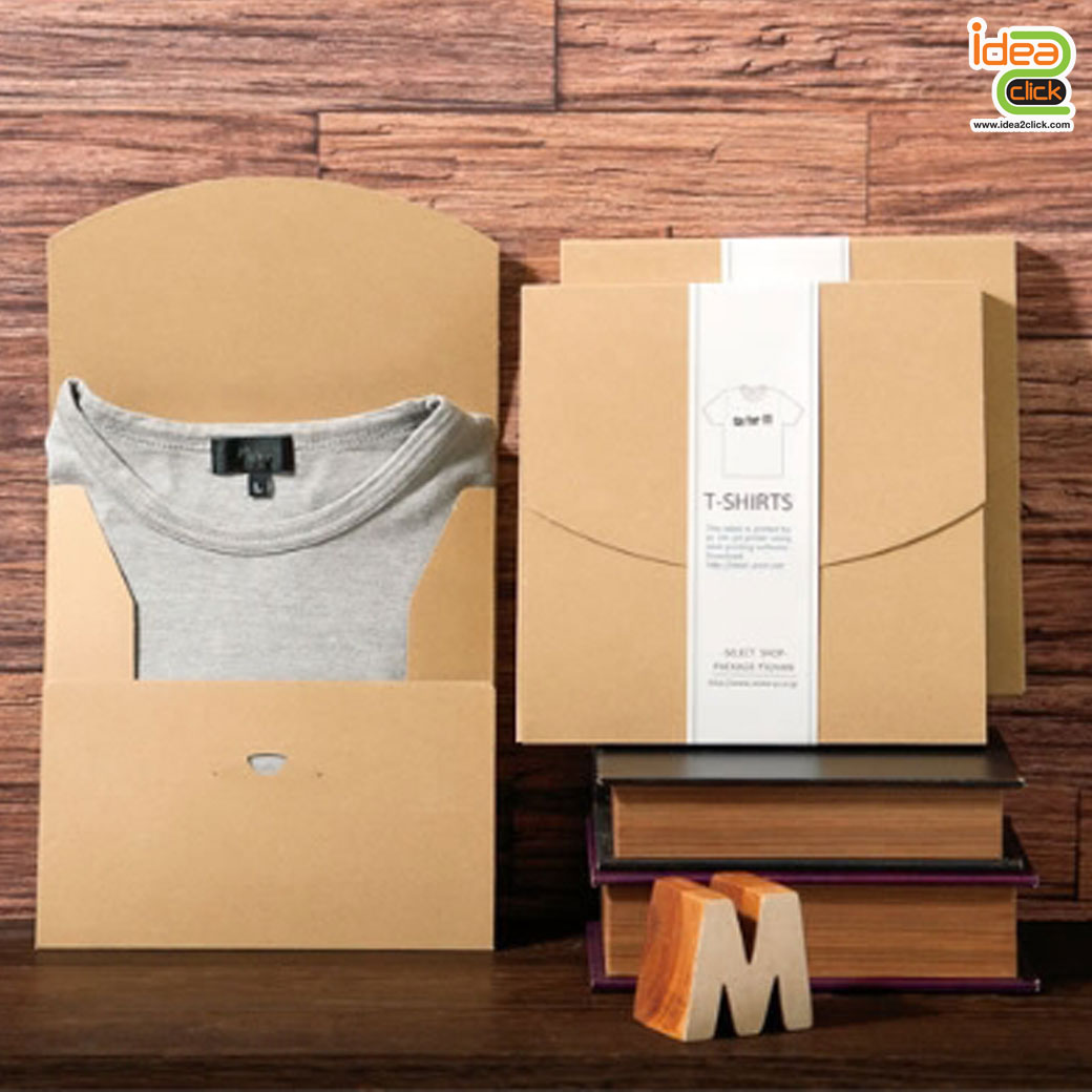 กล่องใส่เสื้อยืด T-Shirt กล่องกระดาษคราฟท์คุณภาพดี มาพร้อมสายคาดสีขาว สามารถติดสติ๊กเกอร์โลโก้เองได้ 